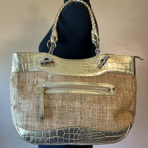 Elaine Turner Woven Straw Purse with Gold Leather Trim and Handle - Picture 2 of 9